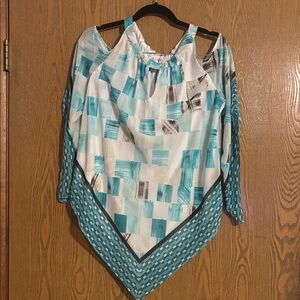 NWT Alfani Aqua and White Cold Shoulder Blouse w/Peep hole front & back Size L